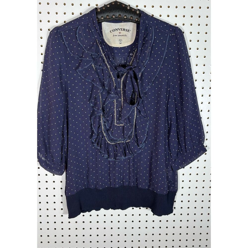 Converse x John Varvatos Silk polka dot printed ruffle front blouse size M
